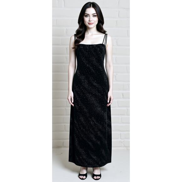 Vintage Black Velvet Sparkly Long Event Cocktail Dress 10 Whimsigoth Dark Fairy - Picture 1 of 9